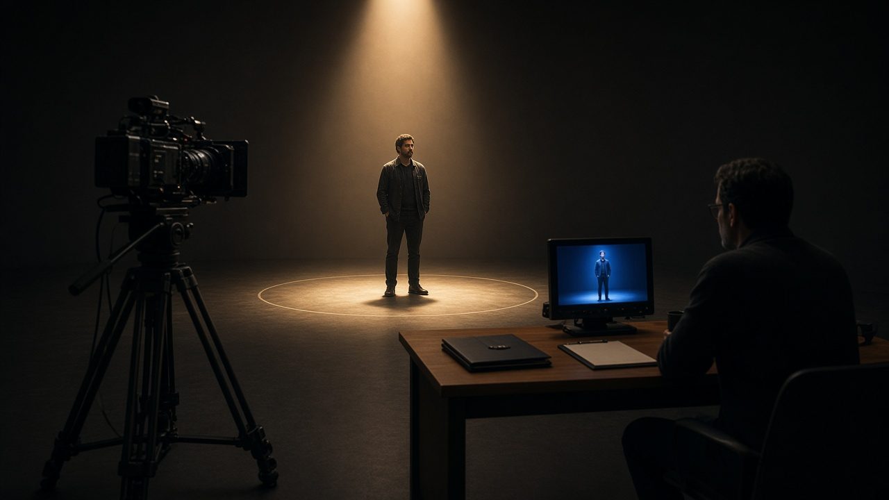 Conceptual illustration of an audition camera and a reviewer at a monitor. Public submissions are off.