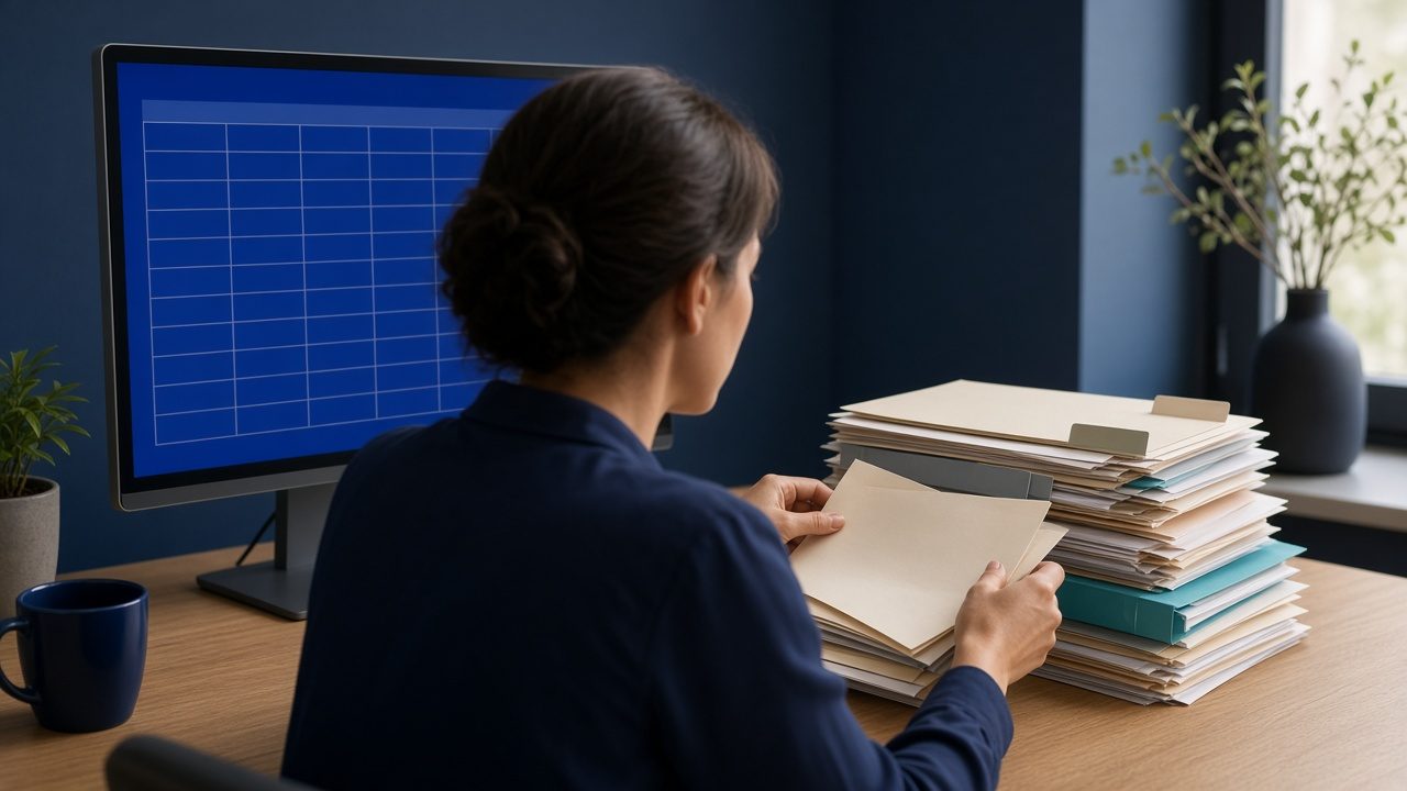Conceptual illustration of a desk where documents are organized beside a spreadsheet. Not live customer data.