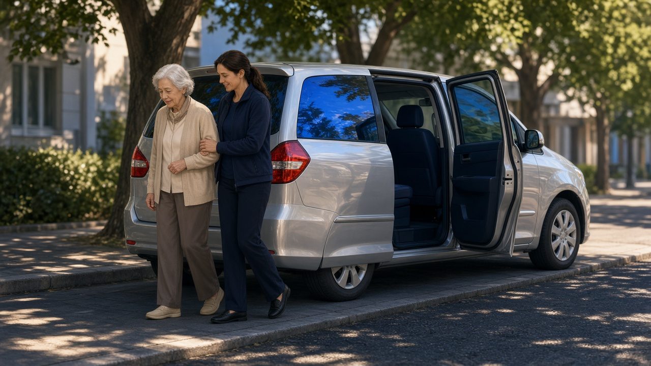 Conceptual illustration of a caregiver and vehicle at a curb. Not a booked ride.