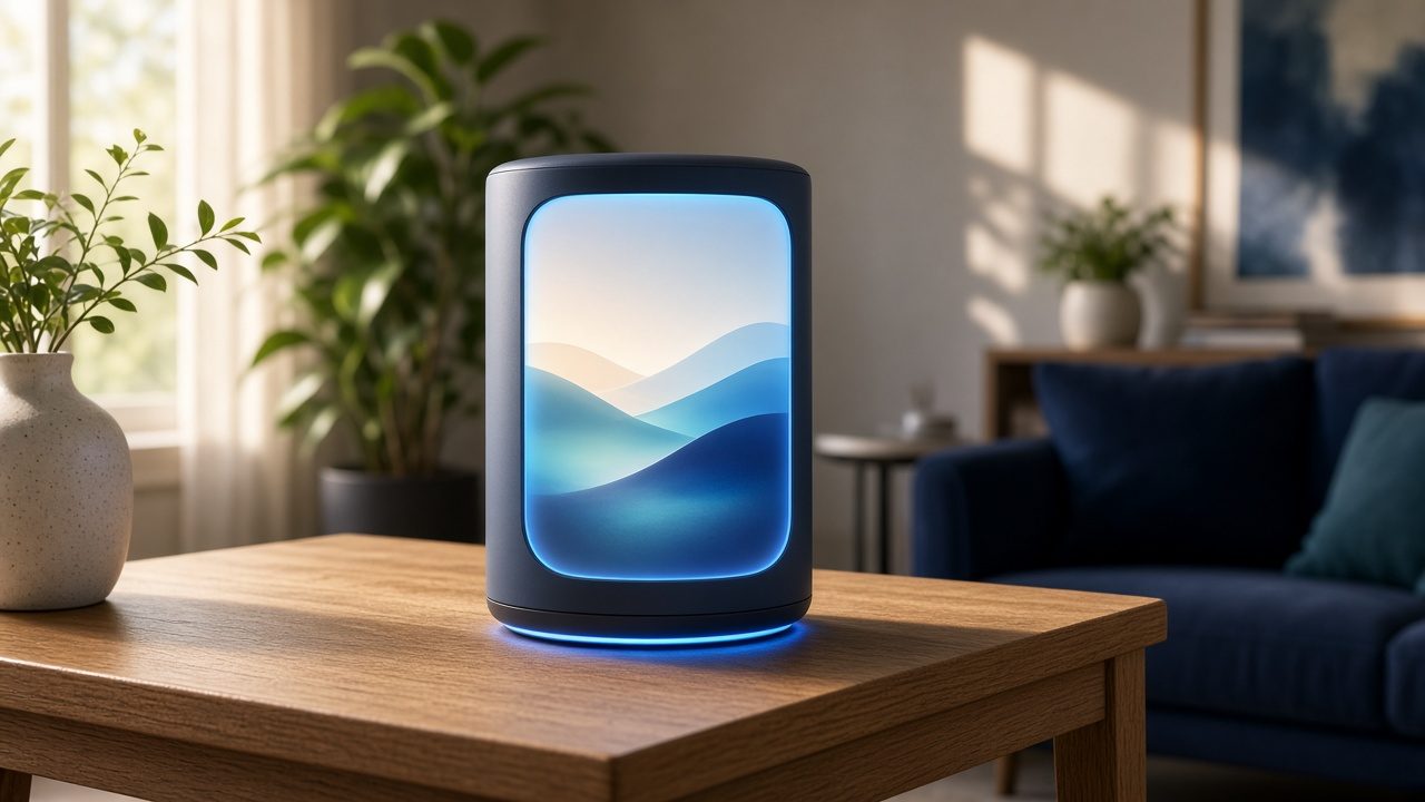 Conceptual illustration of a rotating tabletop smart display. Future hardware, not for sale.