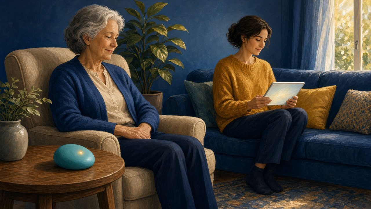 Conceptual illustration of a home check-in with a small sensor. Not a medical device or emergency service.
