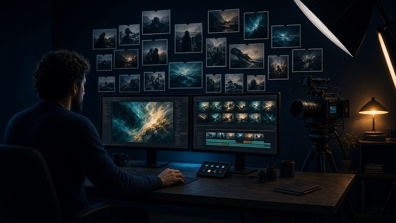 Conceptual illustration of an image and video editing studio with storyboard frames.