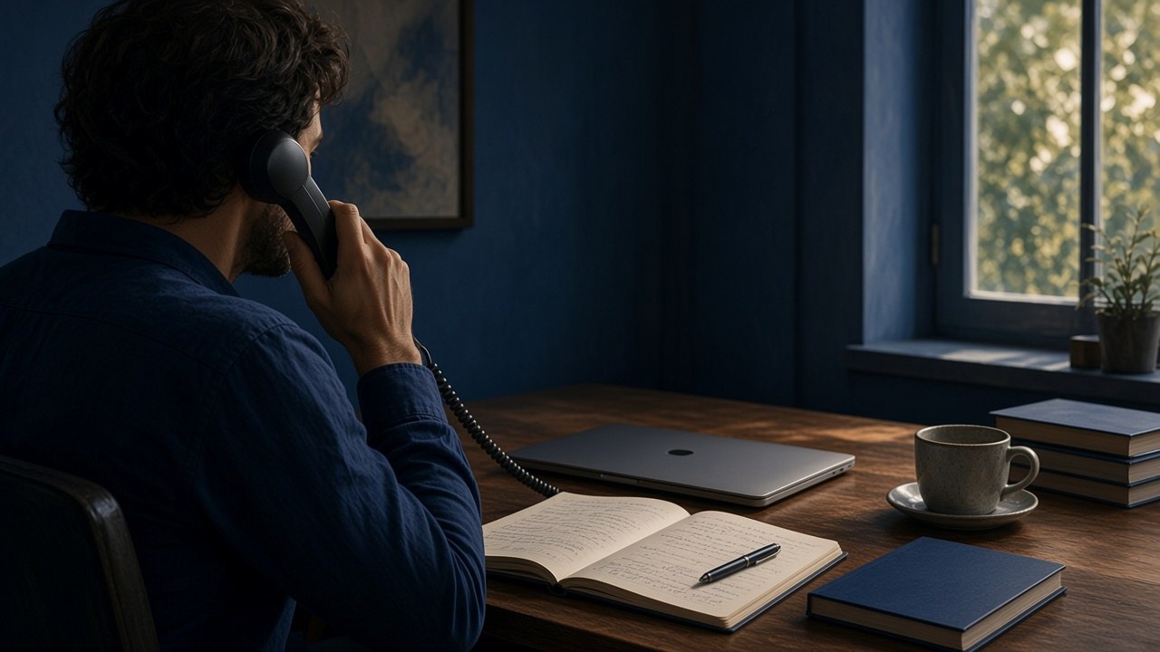 Conceptual illustration of a person on a desk phone with handwritten message notes. Calling is not live. Not a video meeting and not a camera.