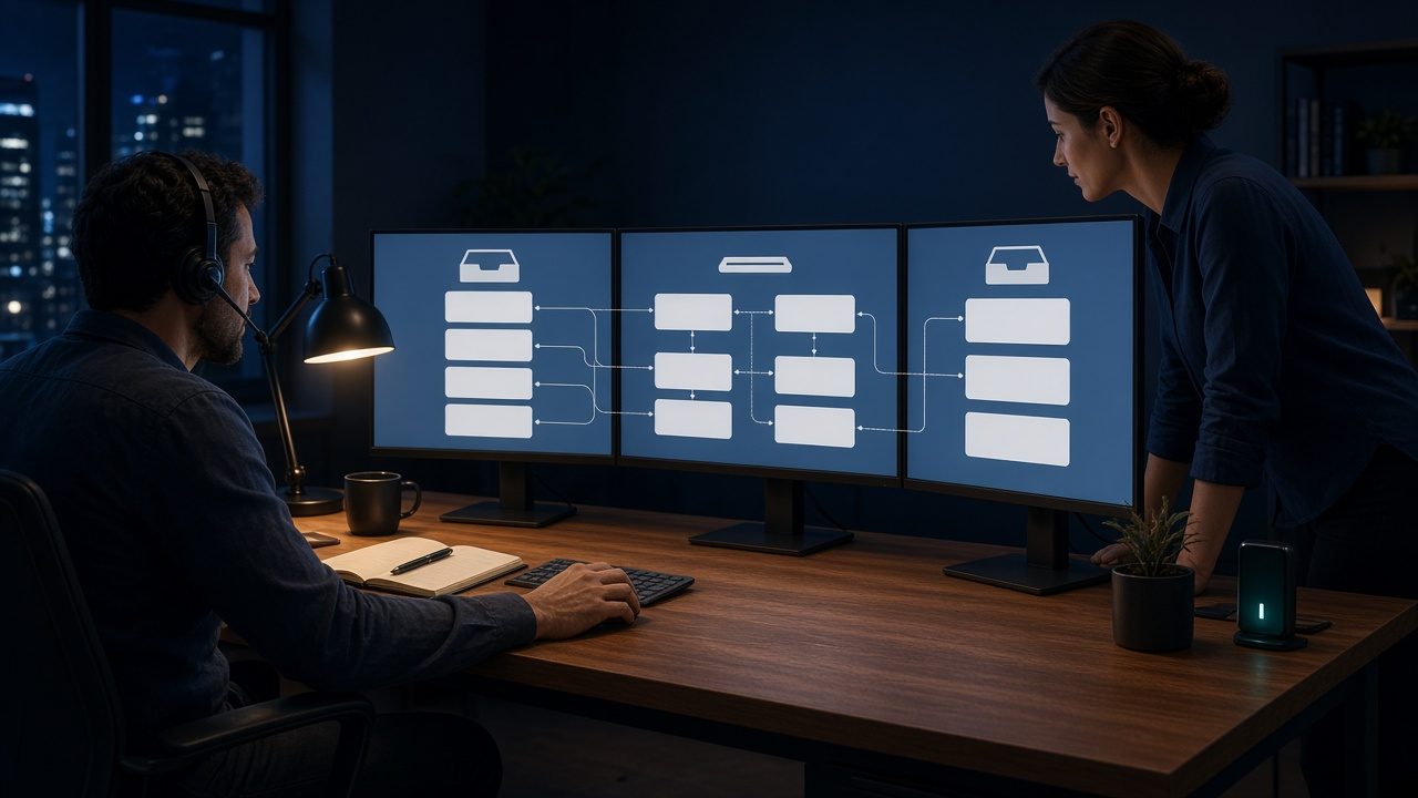 Conceptual illustration of a digital operations workspace with people reviewing a workflow. Not a live screenshot.