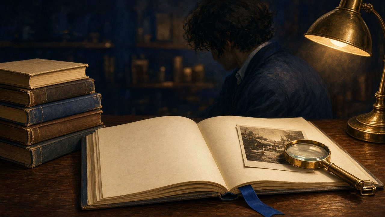 Conceptual illustration of a researcher reviewing source books and a folder. Not a client deliverable.